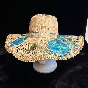 Straw Sun Hat with Blue Floral Accents